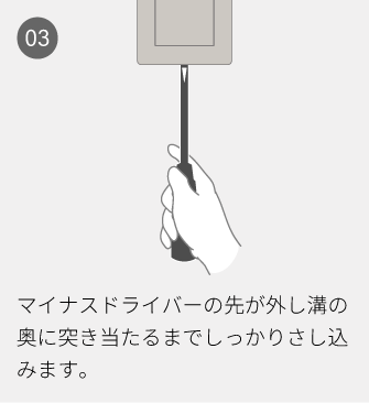 03 マイナスドライバーの先が外し溝の奥に突き当たるまでしっかりさし込みます。