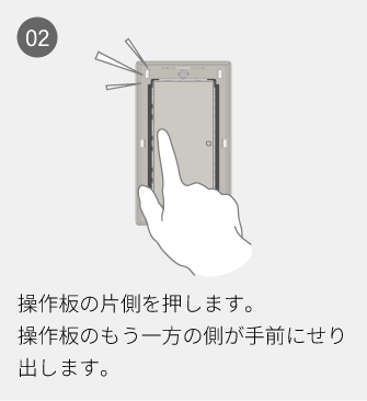 02 操作板の片側を押します。操作板のもう一方の側が手前にせり出します。