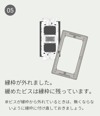 05 縁枠が外れました。緩めたビスは縁枠に残っています。※ビスが縁枠から外れているときは、無くならないように縁枠に付け直しておきましょう。