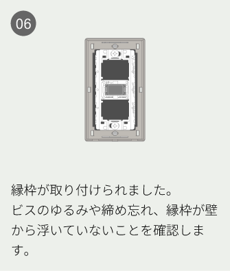 06 縁枠が取り付けられました。ビスのゆるみや締め忘れ、縁枠が壁から浮いていないことを確認します。