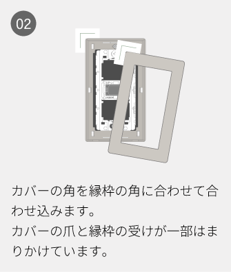 02 カバーの角を縁枠の角に合わせて合わせ込みます。カバーの爪と縁枠の受けが一部はまりかけています。