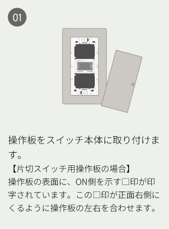 01 操作板をスイッチ本体に取り付けます。【片切スイッチ用操作板の場合】操作板の表面に、ON側を示す□印が印字されています。この□印が正面右側にくるように操作板の左右を合わせます。