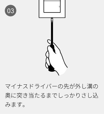 03 マイナスドライバーの先が外し溝の奥に突き当たるまでしっかりさし込みます。