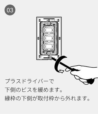 03 プラスドライバーで下側のビスを緩めます。縁枠の下側が取付枠から外れます。