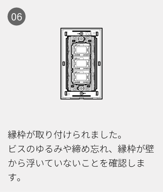 06 縁枠が取り付けられました。ビスのゆるみや締め忘れ、縁枠が壁から浮いていないことを確認します。