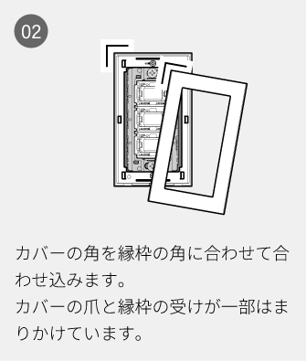 02 カバーの角を縁枠の角に合わせて合わせ込みます。カバーの爪と縁枠の受けが一部はまりかけています。