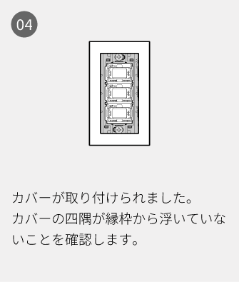 04 カバーが取り付けられました。カバーの四隅が縁枠から浮いていないことを確認します。