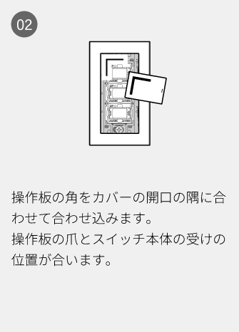 02 操作板の角をカバーの開口の隅に合わせて合わせ込みます。操作板の爪とスイッチ本体の受けの位置が合います。
