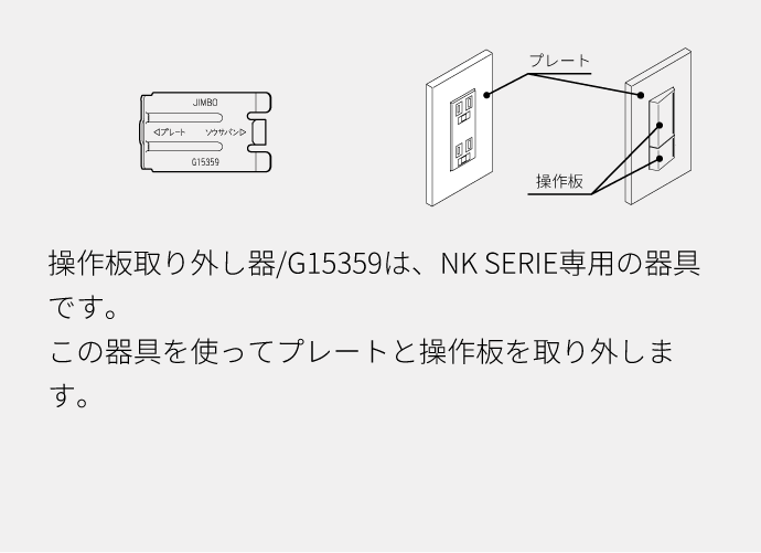 操作板取り外し器/G15359は、NK SERIE専用の器具です。この器具を使ってプレートと操作板を取り外します。