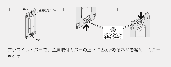 プラスドライバーで、金属取付カバーの上下に2カ所あるネジを緩め、カバーを外す。